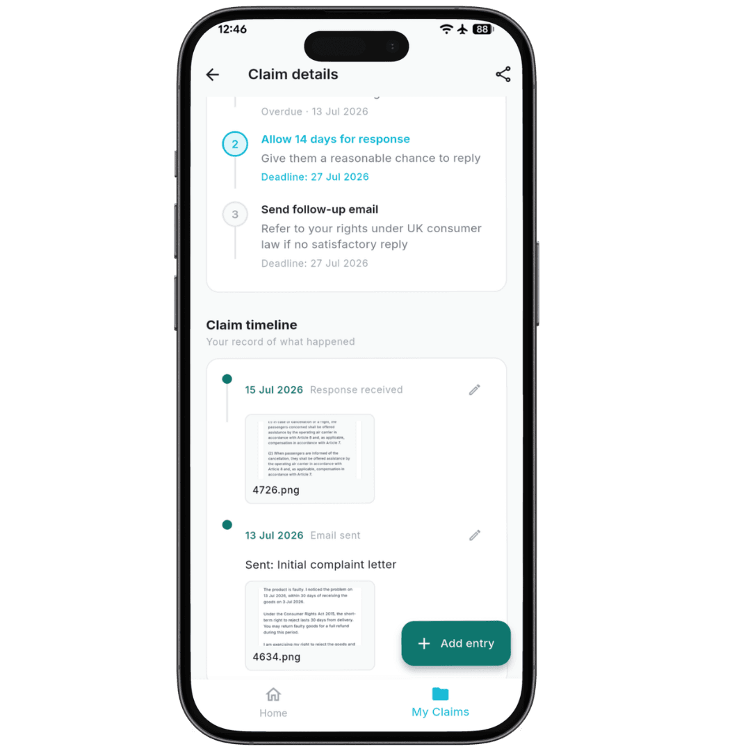 Screenshot of claim timeline