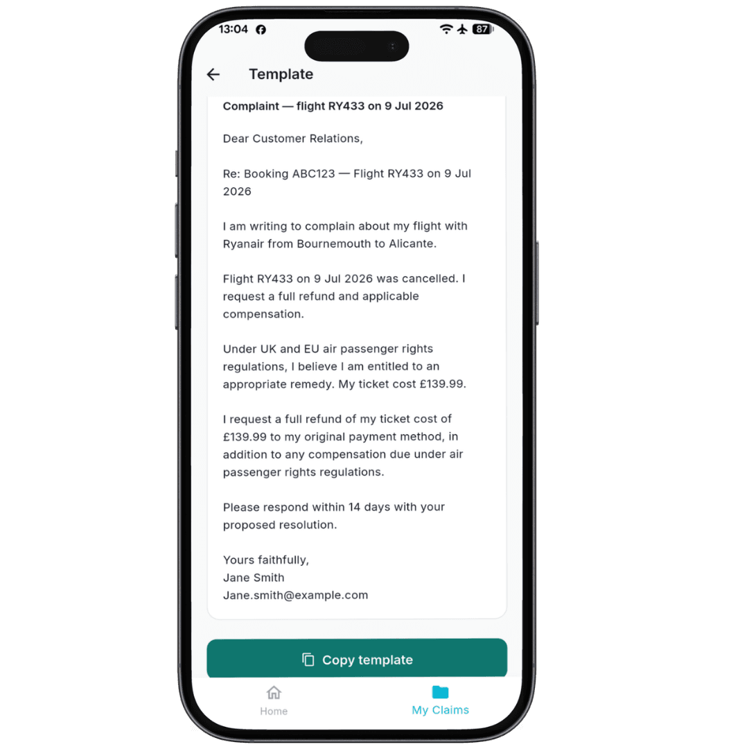 Screenshot of letter template
