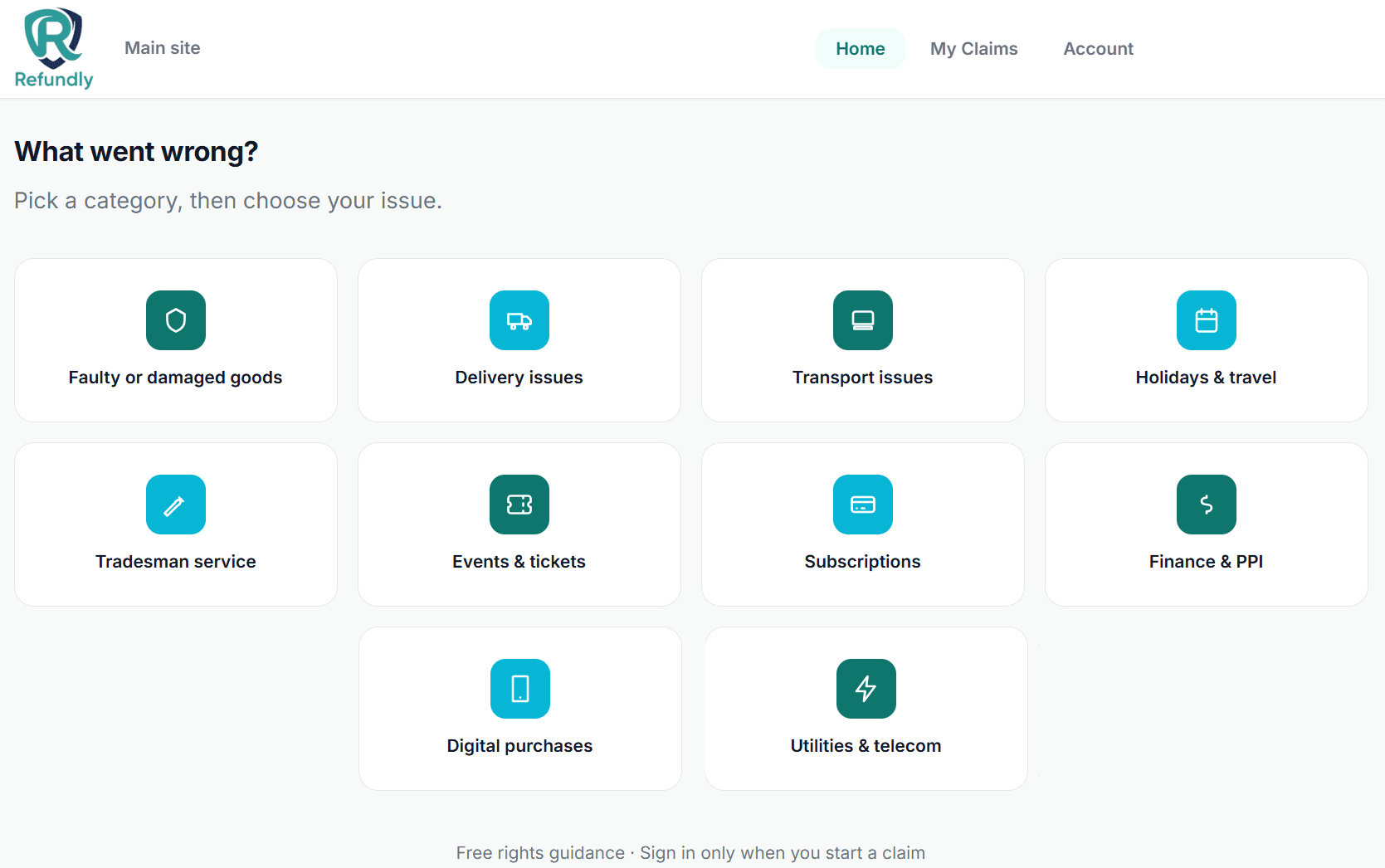 Refundly web app — browse categories and issues
